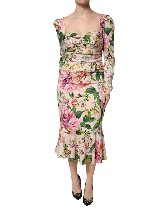 Abito midi svasato e aderente in seta floreale rosa Dolce &amp; Gabbana