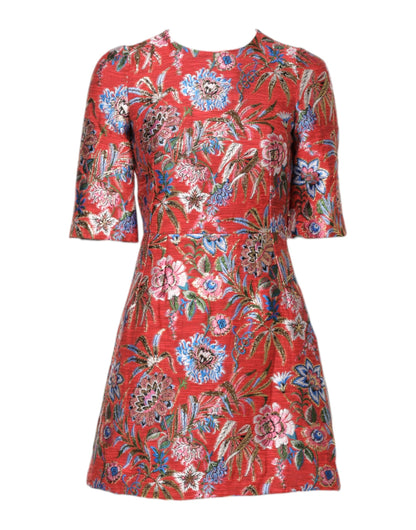 Mini abito a trapezio in jacquard floreale rosso Dolce &amp; Gabbana