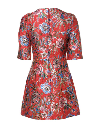 Mini abito a trapezio in jacquard floreale rosso Dolce &amp; Gabbana
