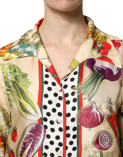 Dolce &amp; Gabbana Top a maniche lunghe in seta con verdure multicolor