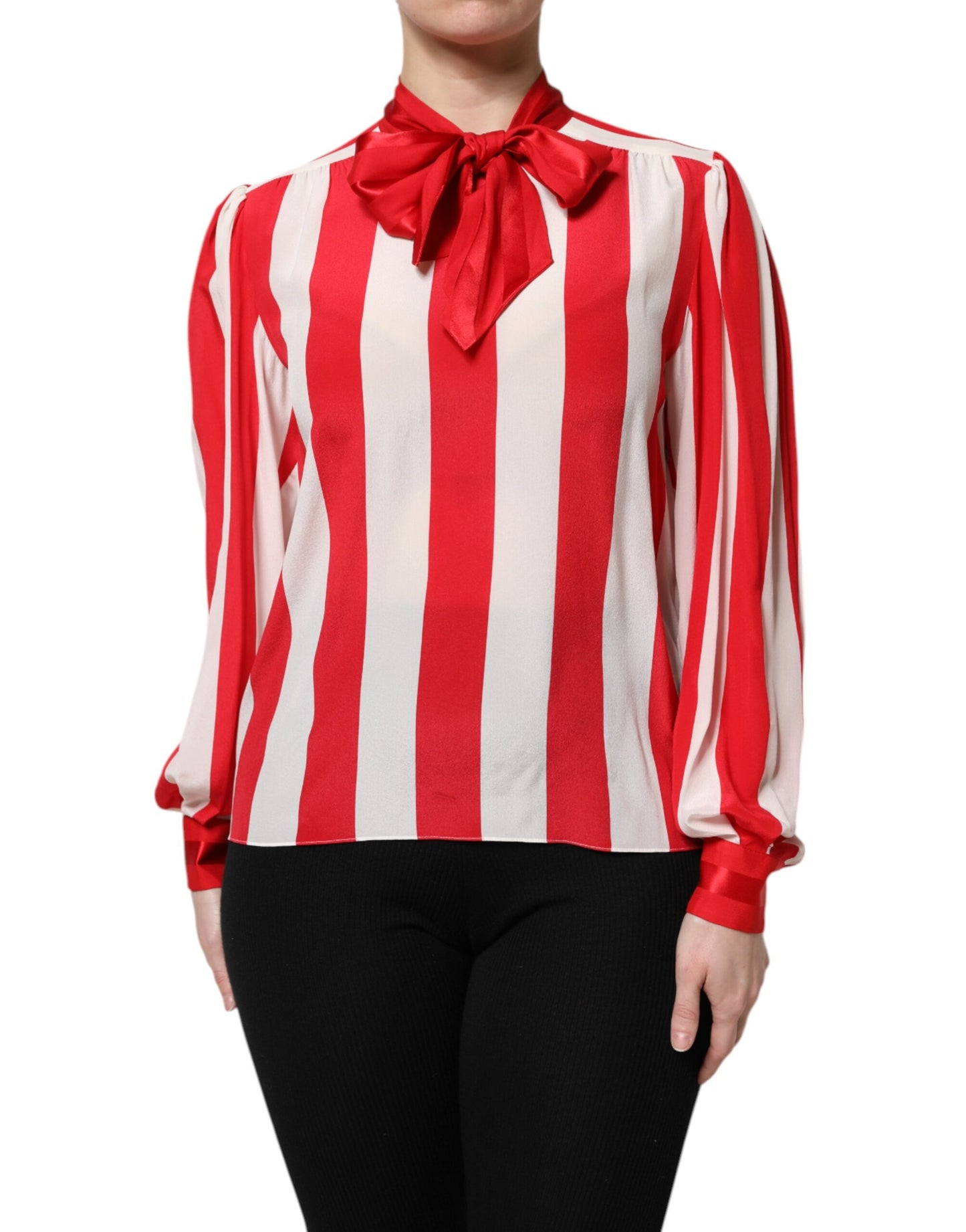 Dolce &amp; Gabbana - Blusa con colletto ascot a righe rosse e bianche