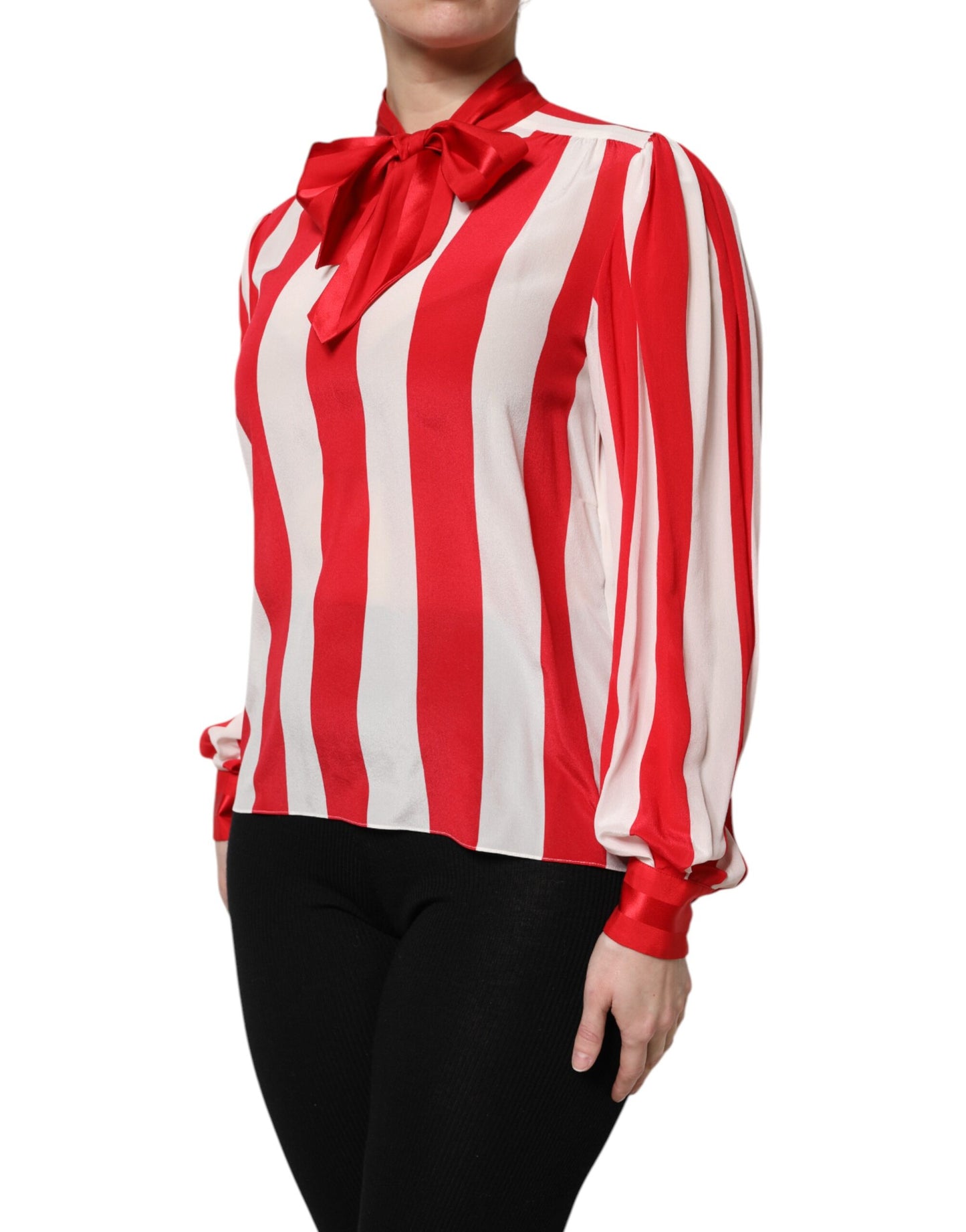 Dolce &amp; Gabbana - Blusa con colletto ascot a righe rosse e bianche