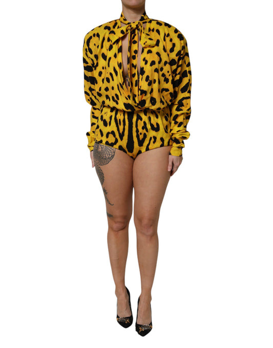 Abito tuta a maniche lunghe con stampa leopardata gialla Dolce &amp; Gabbana