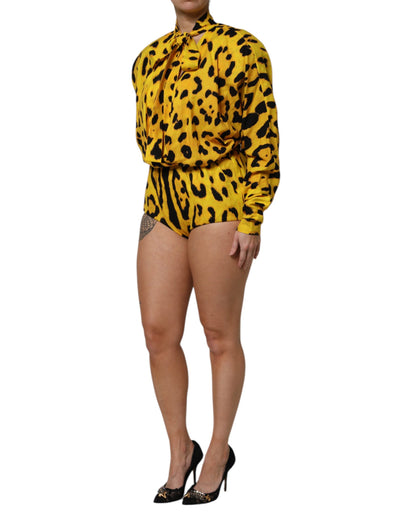 Abito tuta a maniche lunghe con stampa leopardata gialla Dolce &amp; Gabbana