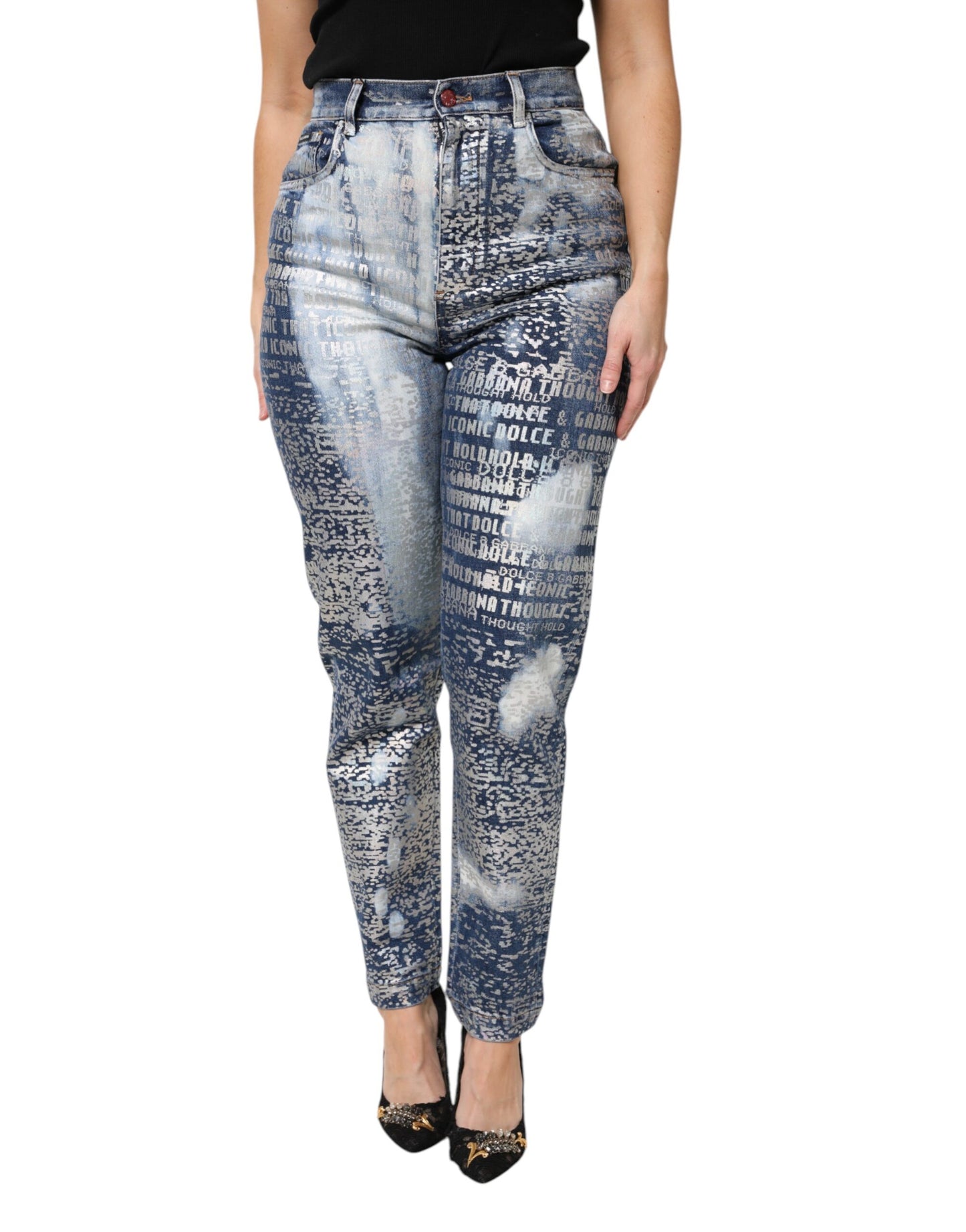 Jeans in denim a vita alta con stampa blu lavata Dolce &amp; Gabbana