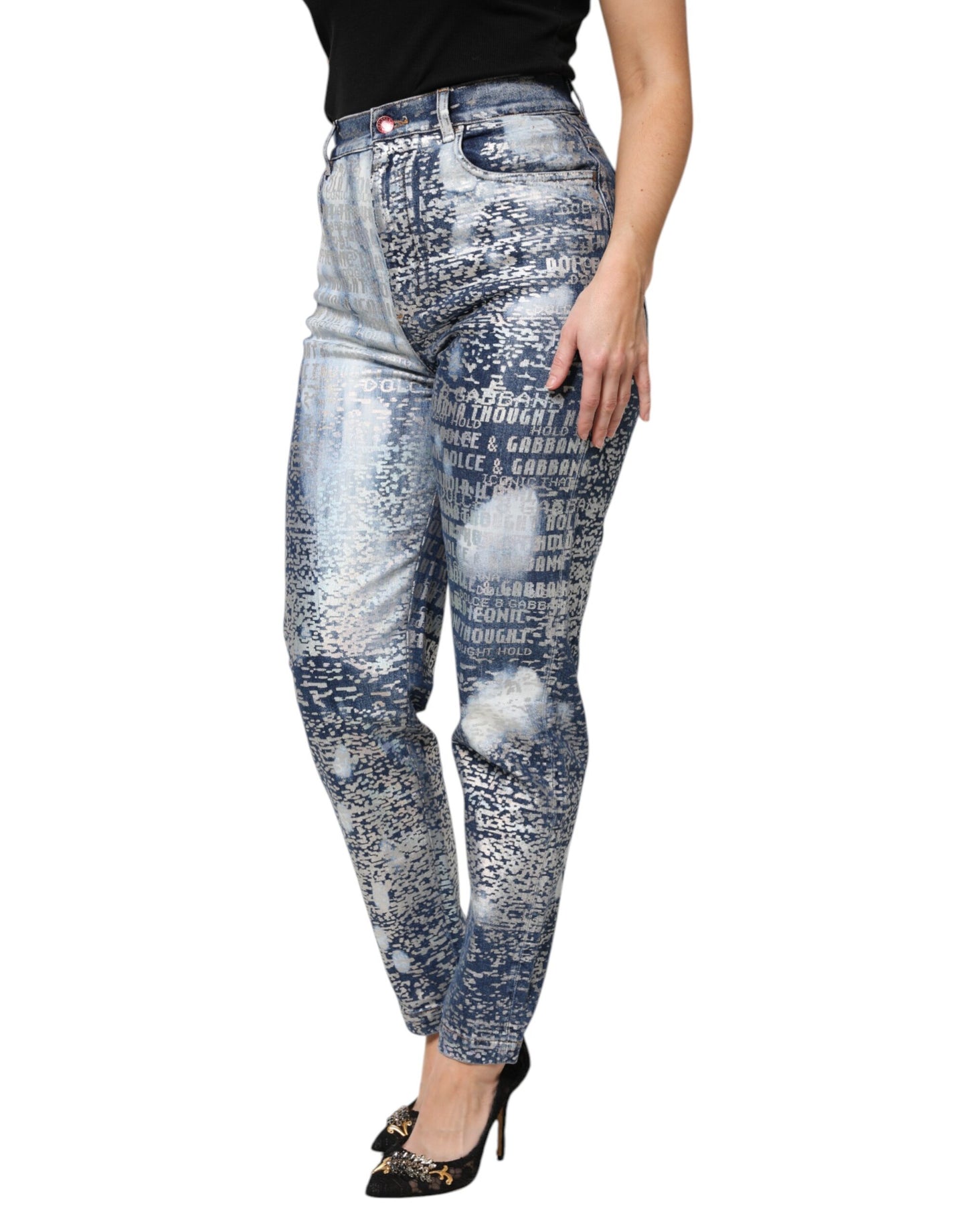 Jeans in denim a vita alta con stampa blu lavata Dolce &amp; Gabbana