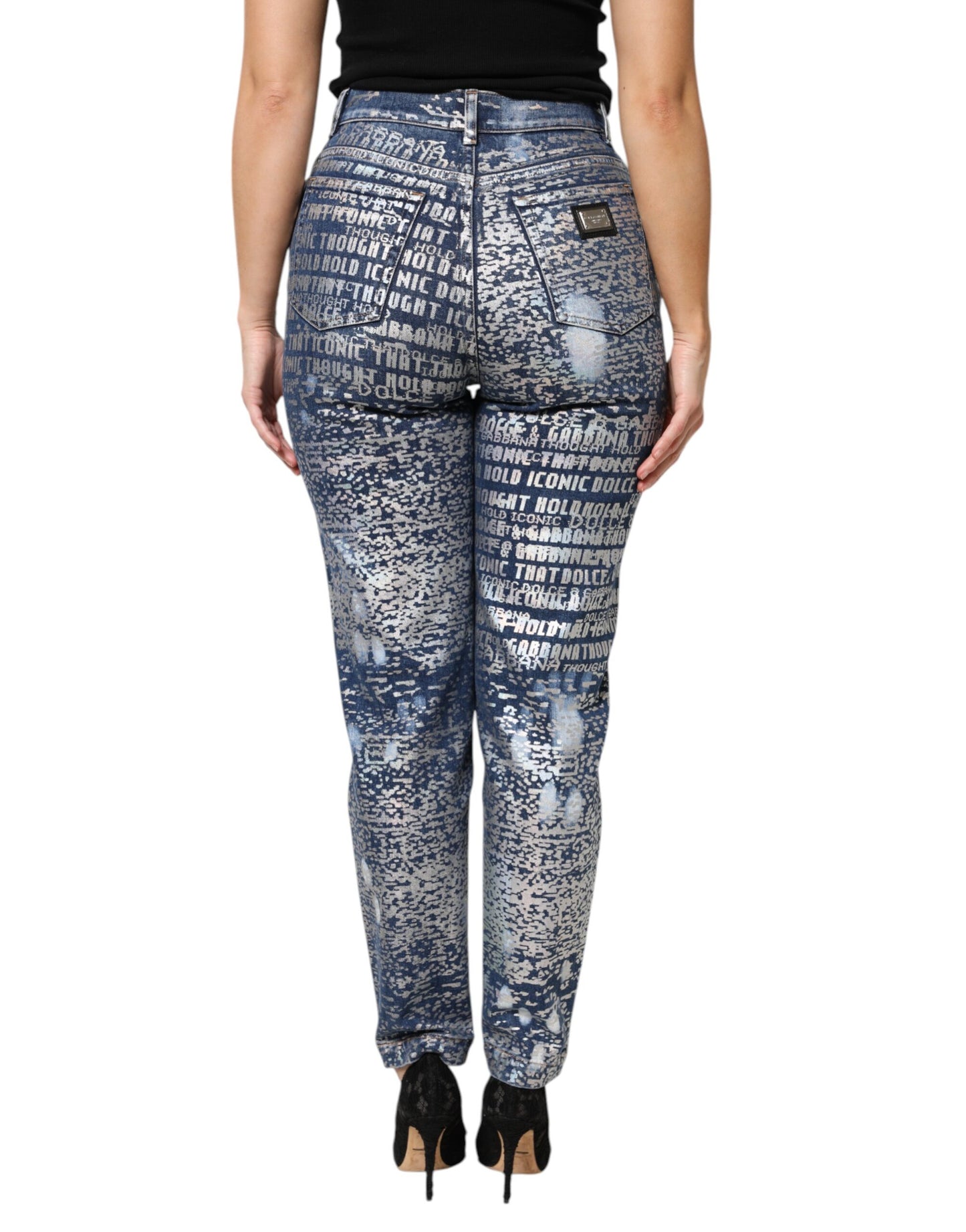 Jeans in denim a vita alta con stampa blu lavata Dolce &amp; Gabbana
