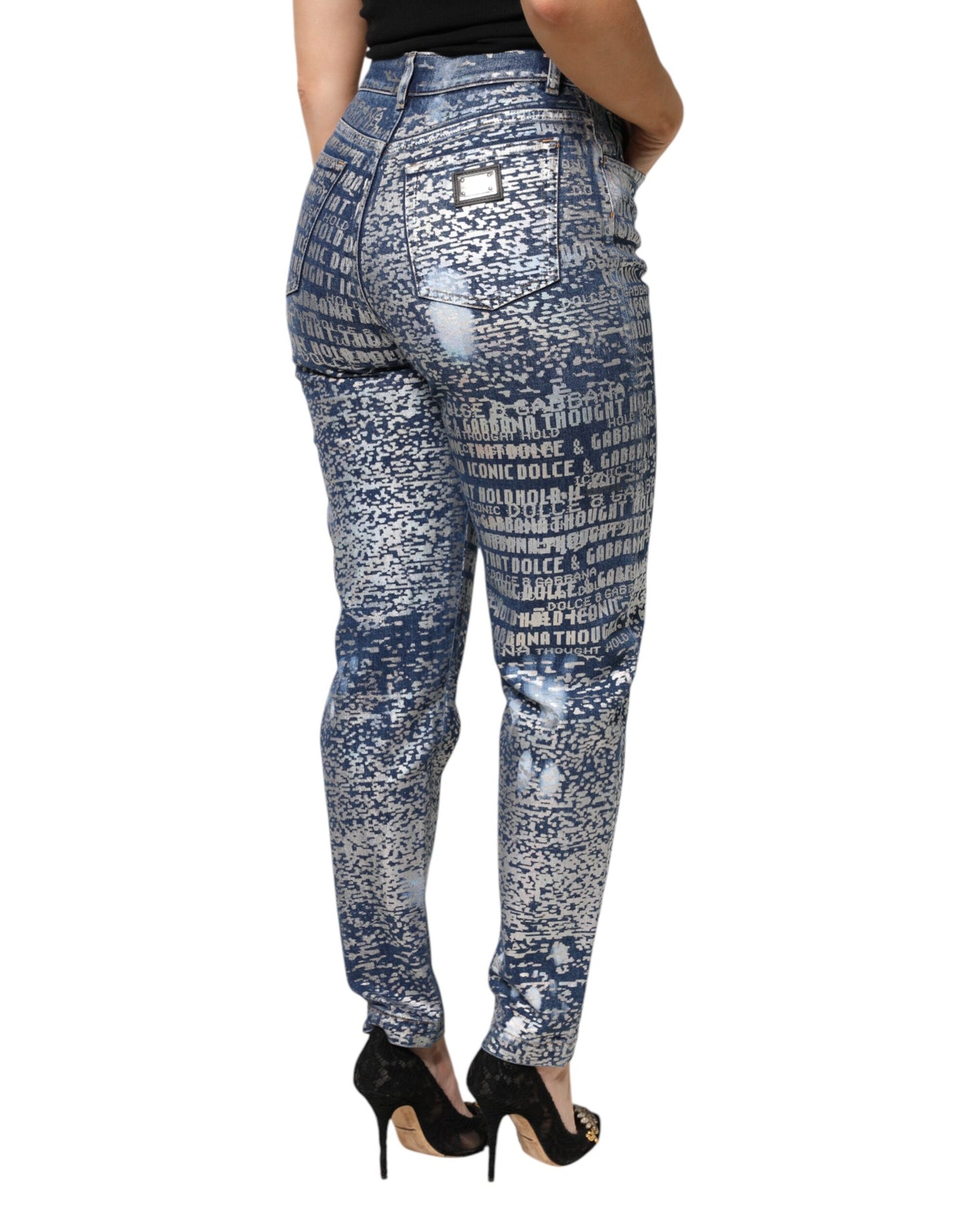 Jeans in denim a vita alta con stampa blu lavata Dolce &amp; Gabbana
