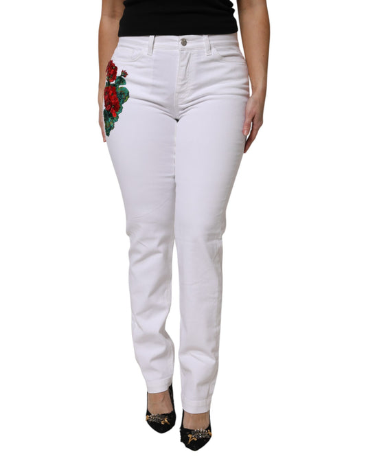 Jeans in denim con paillettes floreali bianchi Dolce &amp; Gabbana GIRLY
