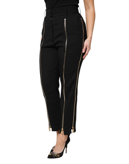 Pantaloni affusolati con cerniera a vita alta in lana nera Dolce &amp; Gabbana