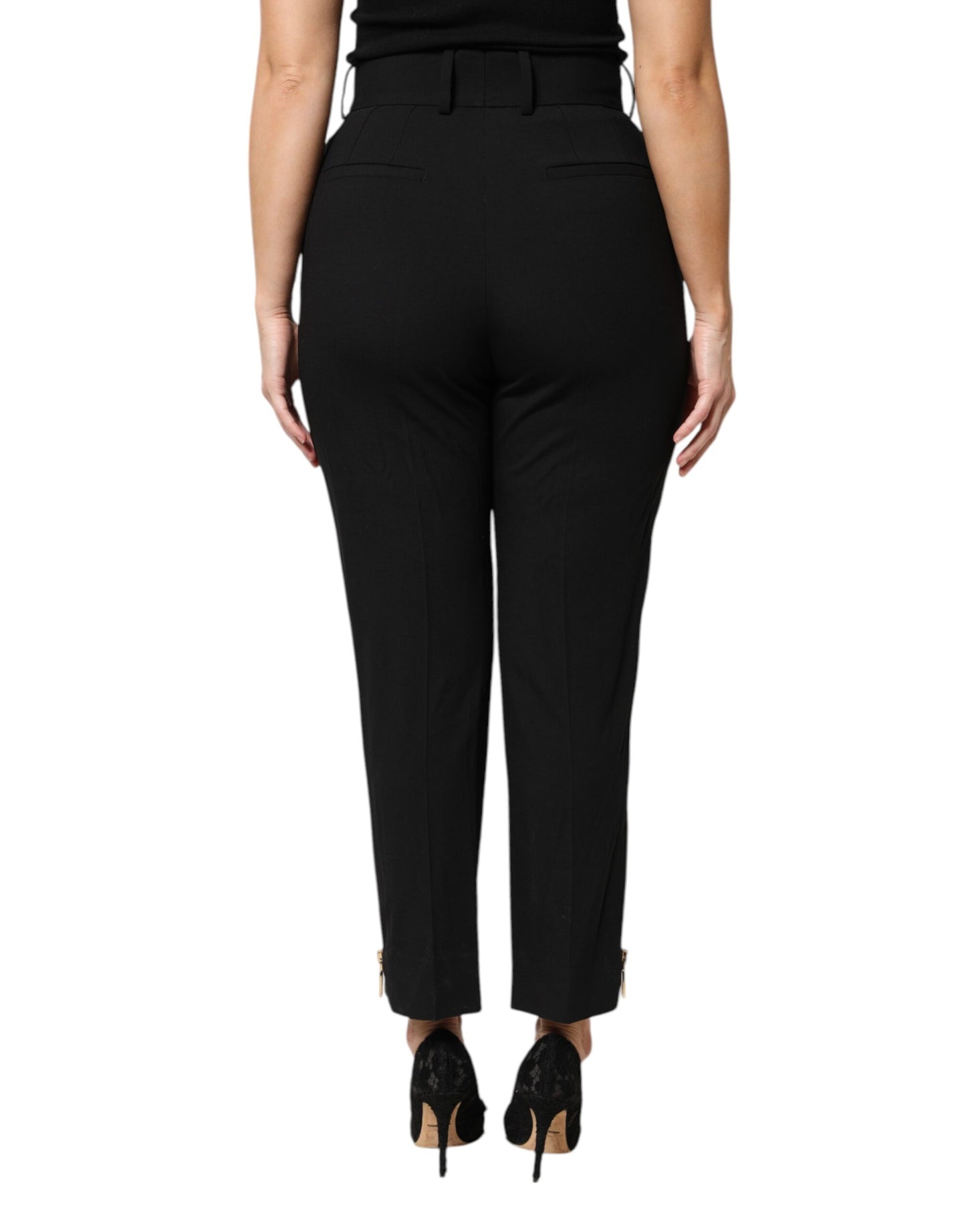 Pantaloni affusolati con cerniera a vita alta in lana nera Dolce &amp; Gabbana