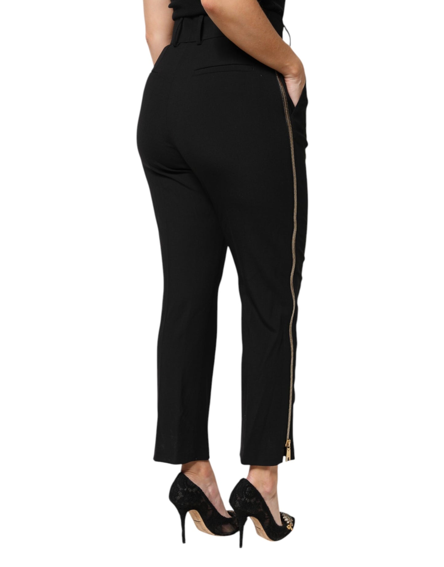 Pantaloni affusolati con cerniera a vita alta in lana nera Dolce &amp; Gabbana