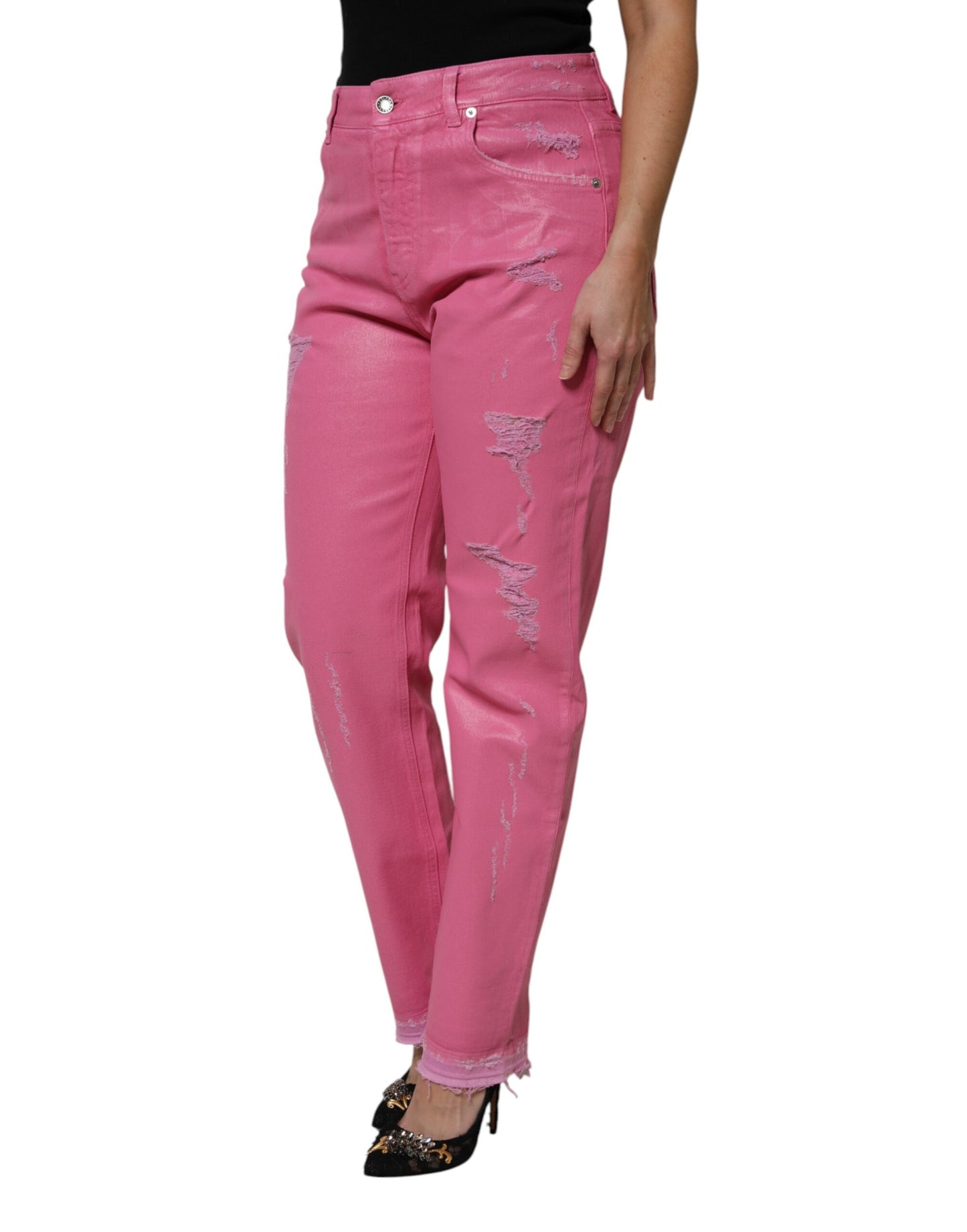 Jeans affusolati a vita media in denim rosa Dolce &amp; Gabbana
