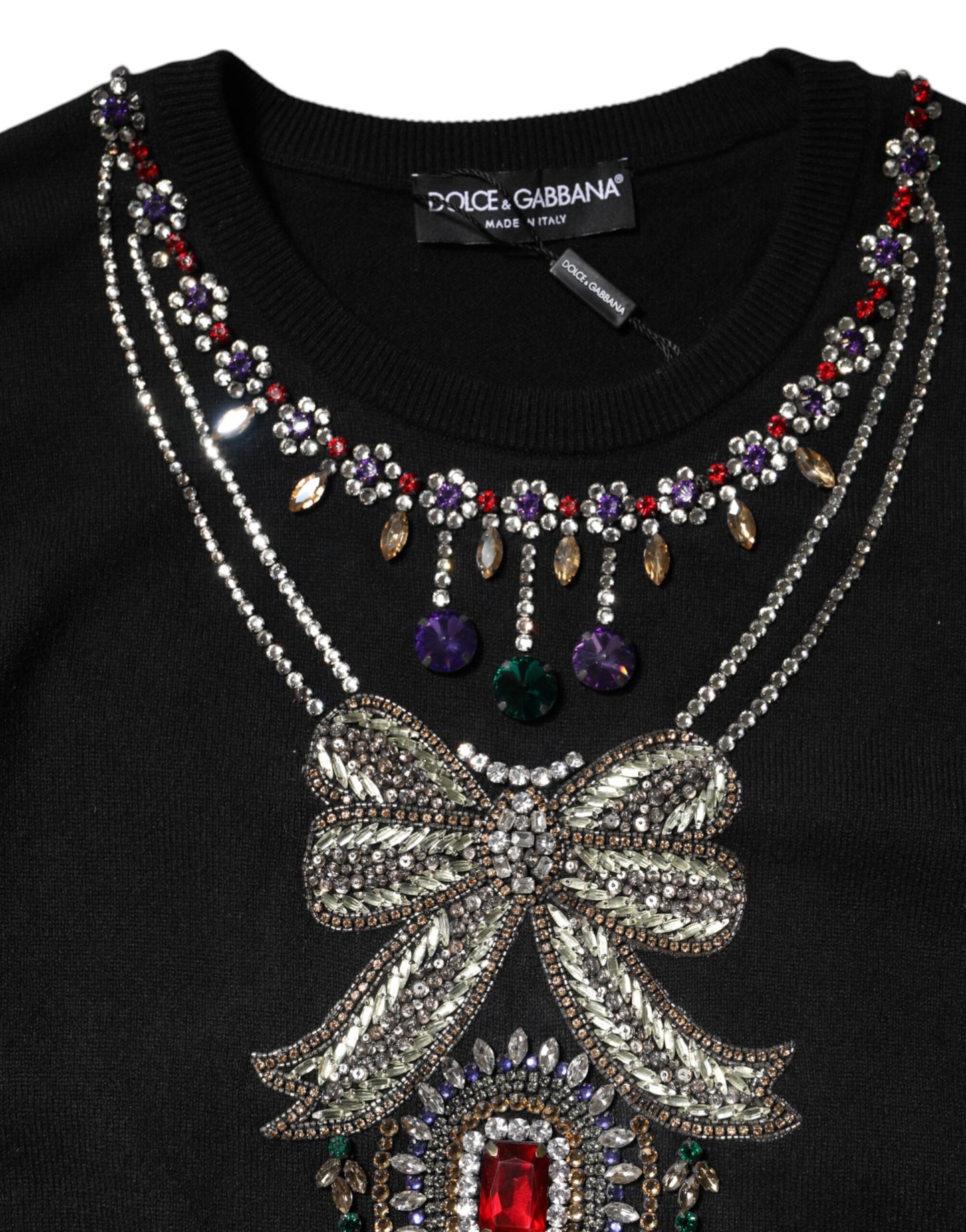 Maglione Dolce &amp; Gabbana in cashmere nero decorato con cristalli