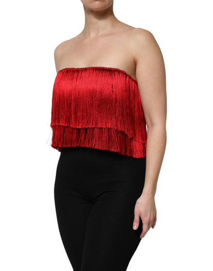 Dolce &amp; Gabbana Top corto a tubino con frange e spalline in seta rossa
