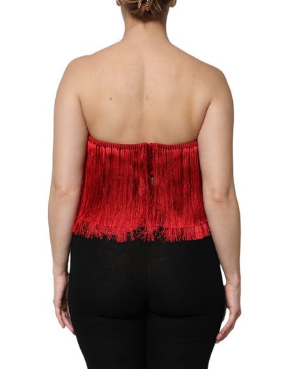 Dolce &amp; Gabbana Top corto a tubino con frange e spalline in seta rossa