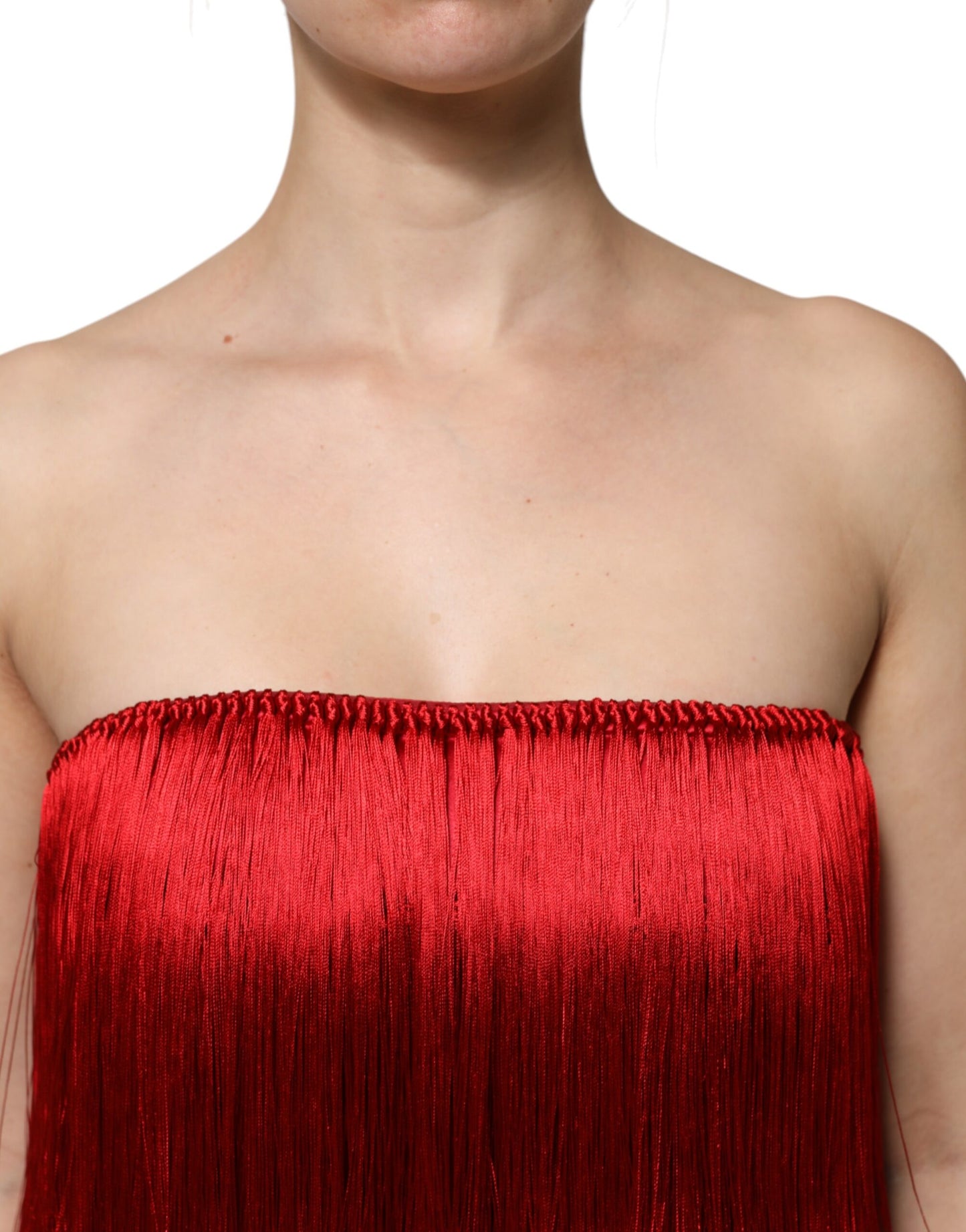 Dolce &amp; Gabbana Top corto a tubino con frange e spalline in seta rossa