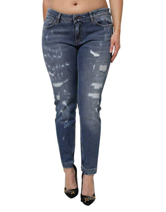 Jeans in denim a vita bassa in cotone blu strappato Dolce &amp; Gabbana