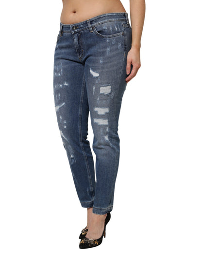 Jeans in denim a vita bassa in cotone blu strappato Dolce &amp; Gabbana