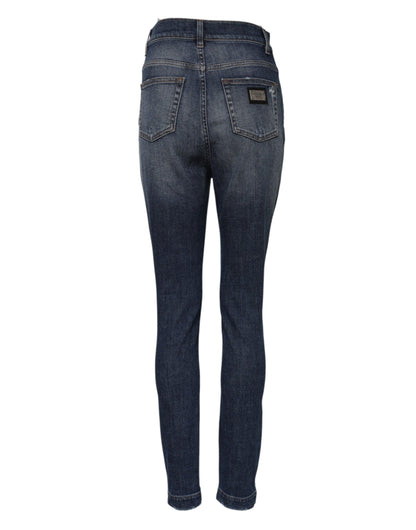 Jeans a vita alta in denim di cotone lavato blu Dolce &amp; Gabbana