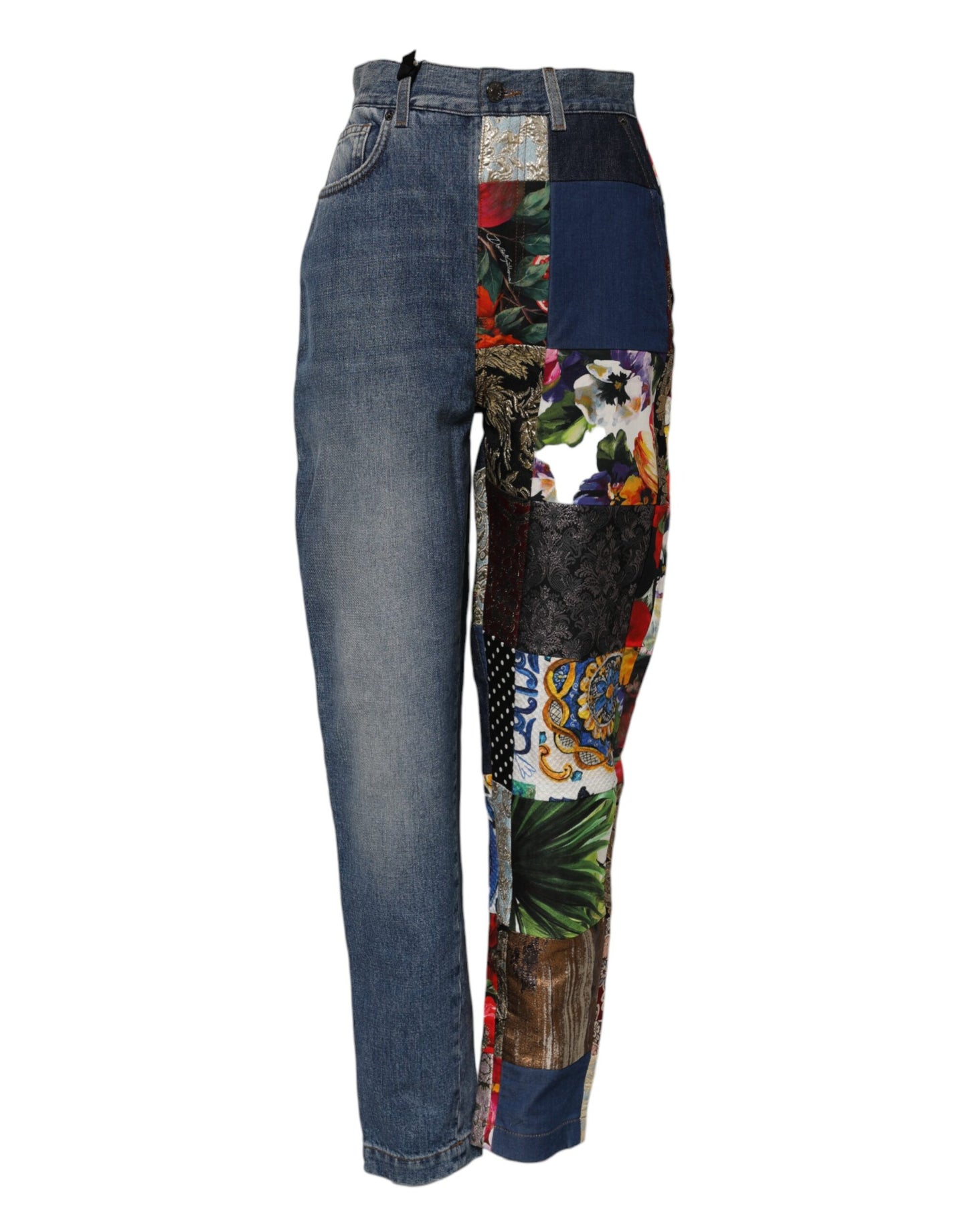 Jeans in denim a vita alta con patchwork blu AMBER di Dolce &amp; Gabbana
