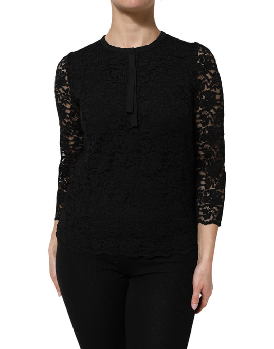 Dolce &amp; Gabbana Top blusa a maniche lunghe in pizzo di nylon nero