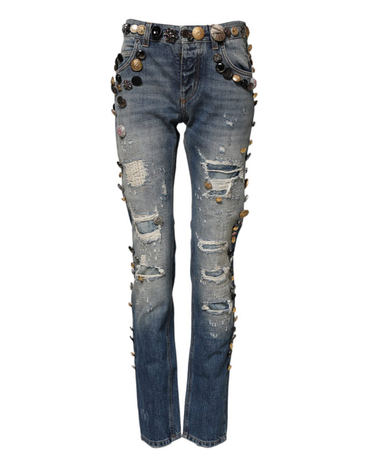 Jeans skinny strappati con decorazioni blu Dolce &amp; Gabbana 