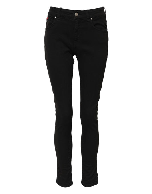 Jeans skinny a vita media in denim con logo in cotone nero Dolce &amp; Gabbana 