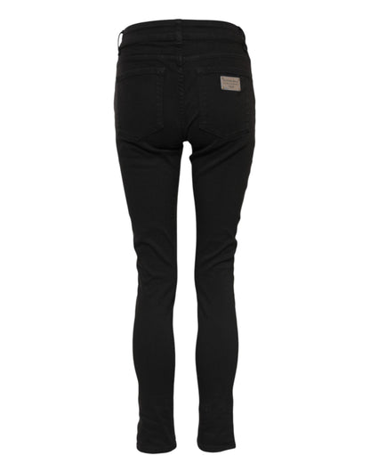 Jeans skinny a vita media in denim con logo in cotone nero Dolce &amp; Gabbana 