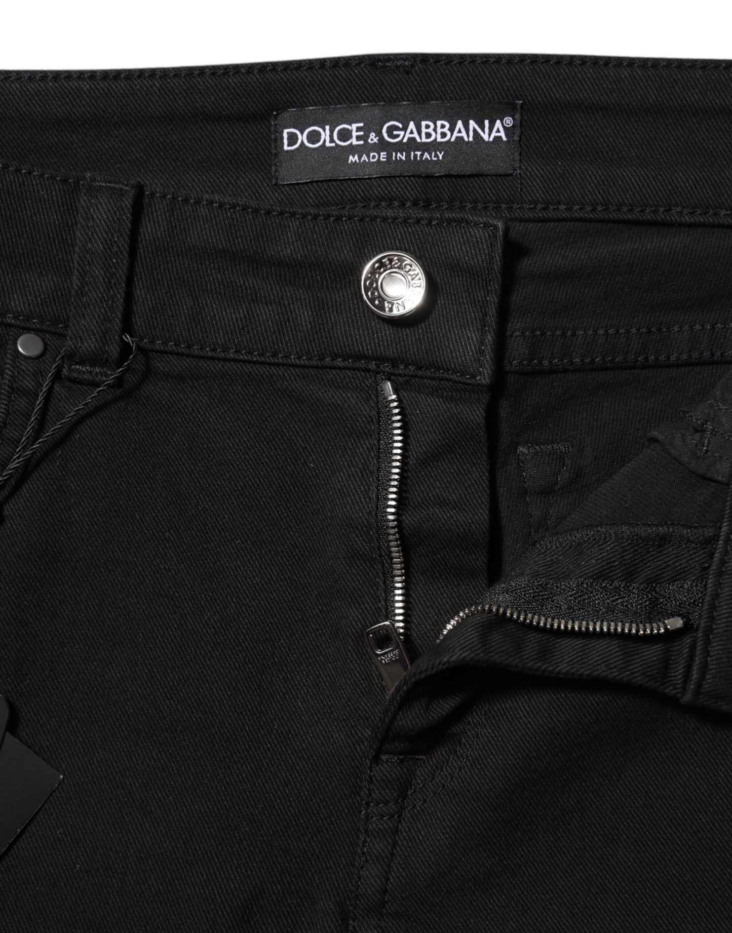 Jeans skinny a vita media in denim con logo in cotone nero Dolce &amp; Gabbana 