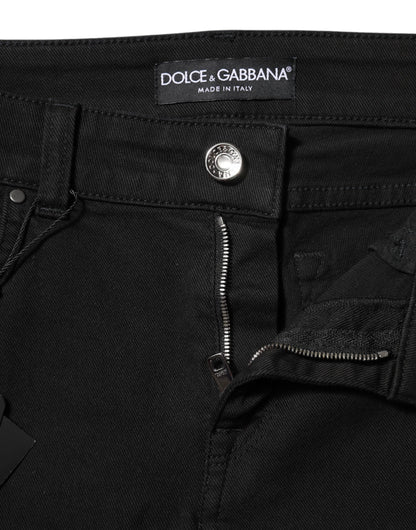 Jeans skinny a vita media in denim con logo in cotone nero Dolce &amp; Gabbana 