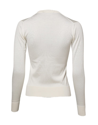 Dolce &amp; Gabbana Maglione Cardigan Bianco in Seta con Giglio Decorato