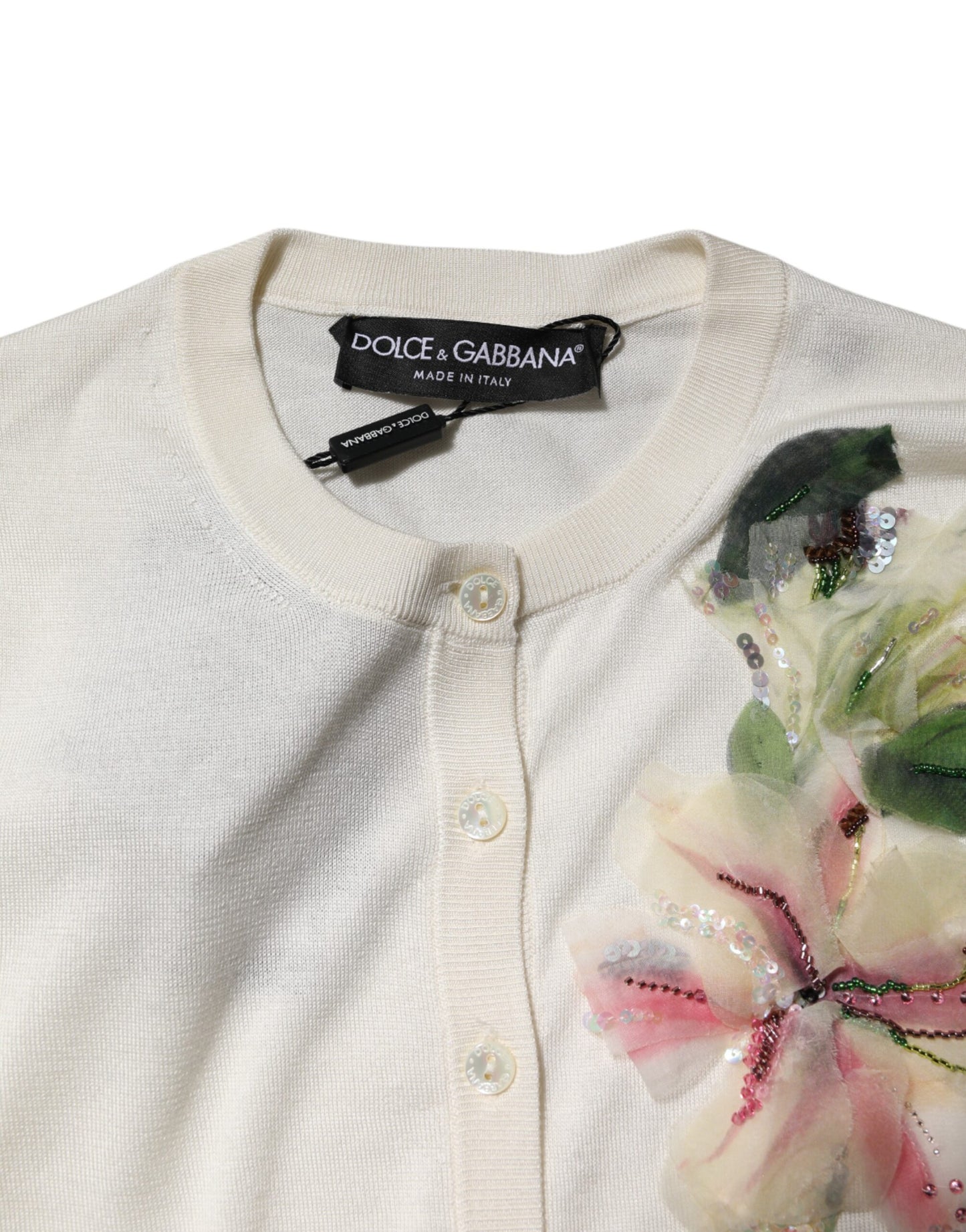 Dolce &amp; Gabbana Maglione Cardigan Bianco in Seta con Giglio Decorato