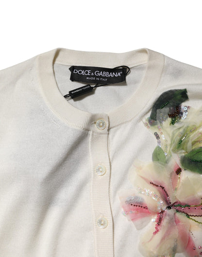 Dolce &amp; Gabbana Maglione Cardigan Bianco in Seta con Giglio Decorato