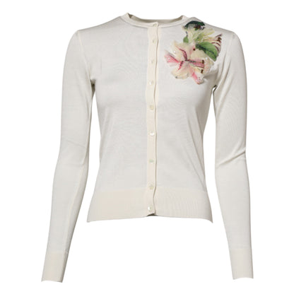 Dolce &amp; Gabbana Maglione Cardigan Bianco in Seta con Giglio Decorato