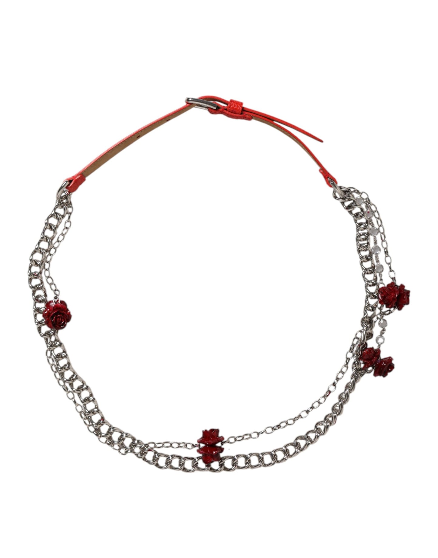 Cintura Dolce &amp; Gabbana in pelle rossa con catena argentata e motivo floreale