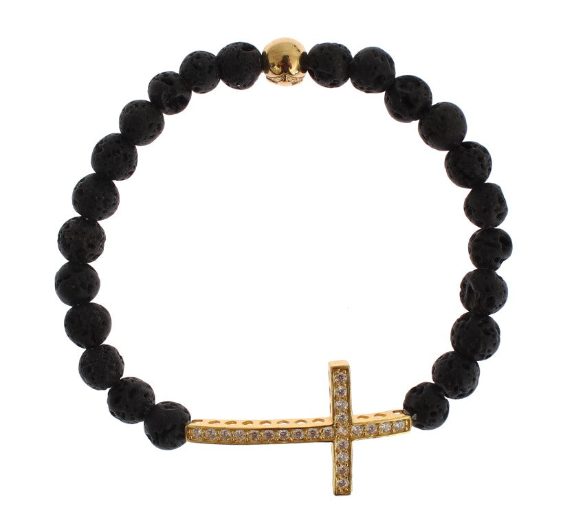 Bracciale in argento 925 con croce in pietra lavica Nialaya, oro e zirconi trasparenti