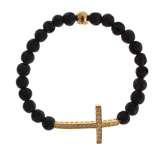 Bracciale in argento 925 con croce in pietra lavica Nialaya, oro e zirconi trasparenti