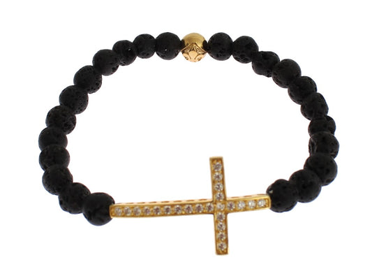 Bracciale in argento 925 con croce in pietra lavica Nialaya, oro e zirconi trasparenti