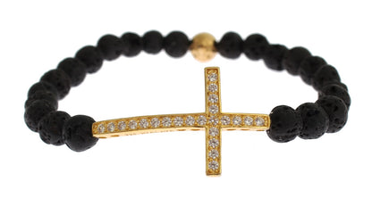 Bracciale in argento 925 con croce in pietra lavica Nialaya, oro e zirconi trasparenti
