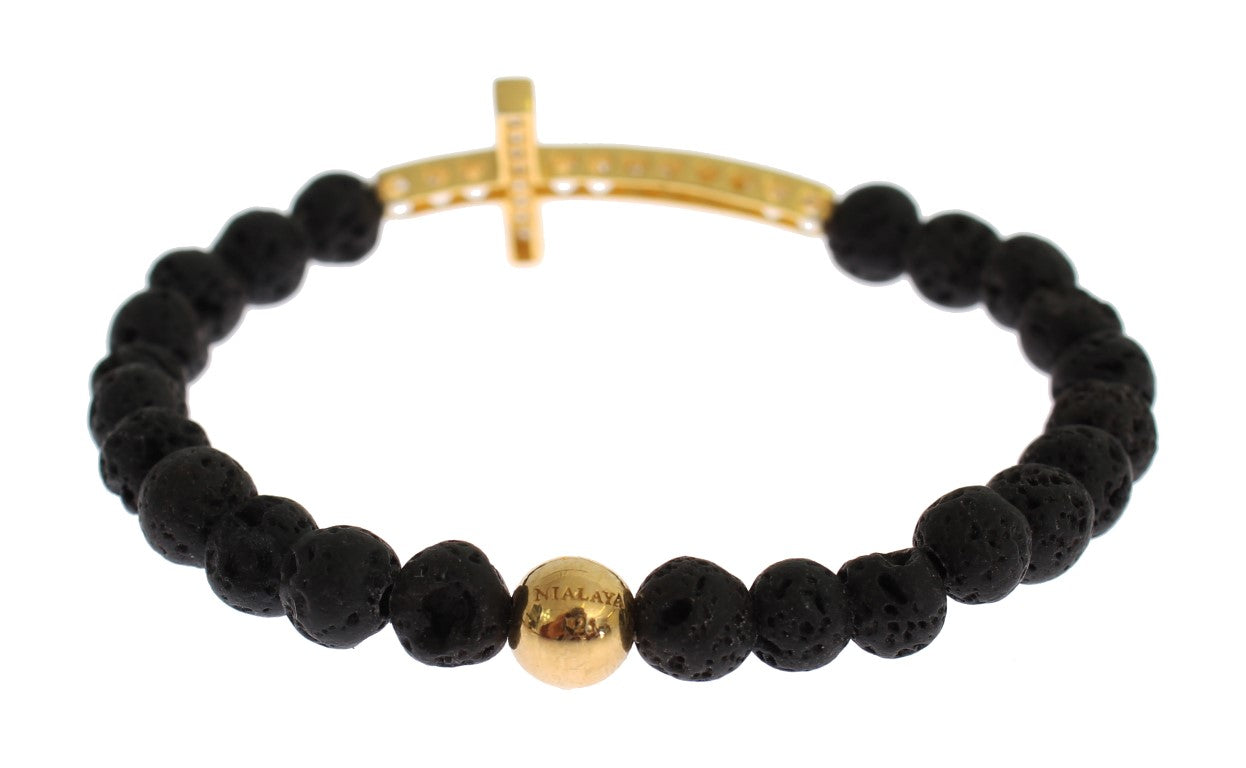 Bracciale in argento 925 con croce in pietra lavica Nialaya, oro e zirconi trasparenti