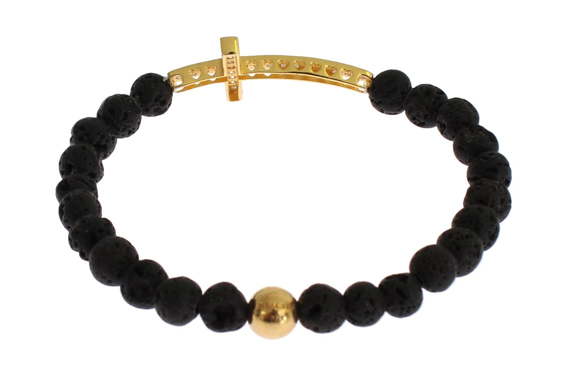 Bracciale in argento 925 con croce in pietra lavica Nialaya, oro e zirconi trasparenti