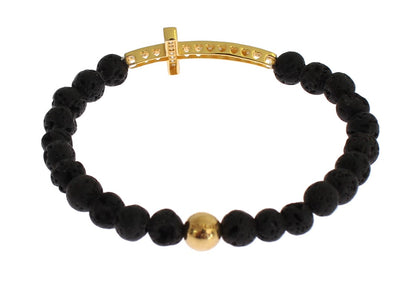 Bracciale in argento 925 con croce in pietra lavica Nialaya, oro e zirconi trasparenti