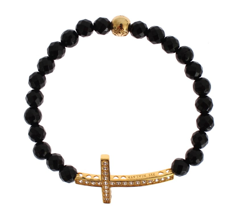 Bracciale in argento 925 con croce in pietra di agata Nialaya e zirconi cubici dorati