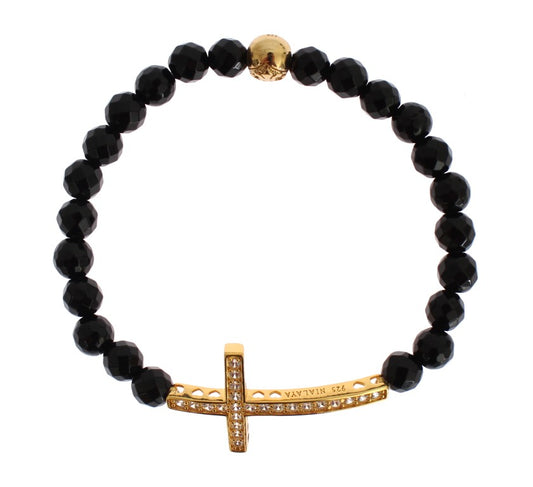 Bracciale in argento 925 con croce in pietra di agata Nialaya e zirconi cubici dorati