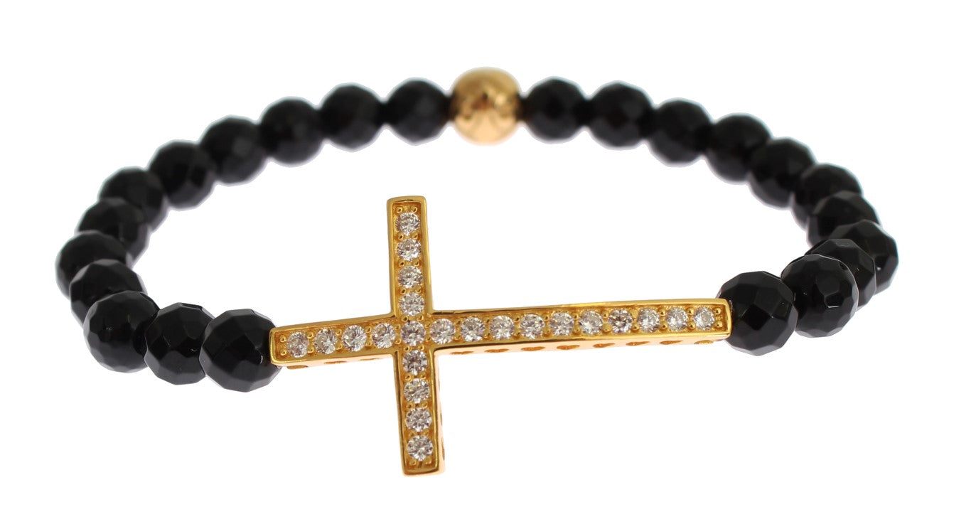 Bracciale in argento 925 con croce in pietra di agata Nialaya e zirconi cubici dorati