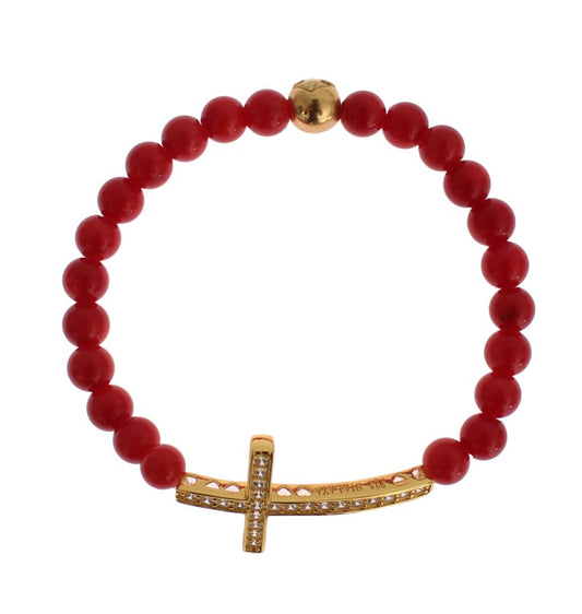 Bracciale Nialaya in corallo rosso, oro e zirconi cubici con croce in argento 925
