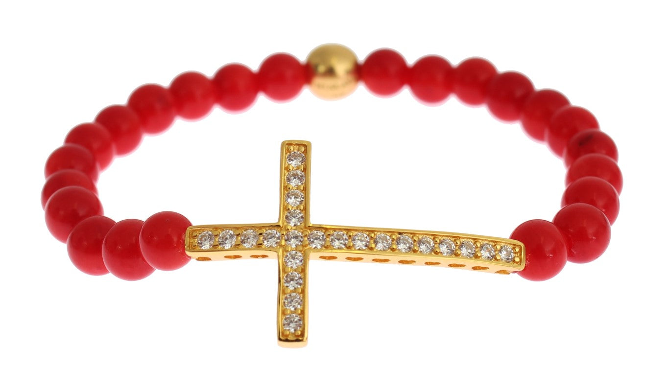 Bracciale Nialaya in corallo rosso, oro e zirconi cubici con croce in argento 925