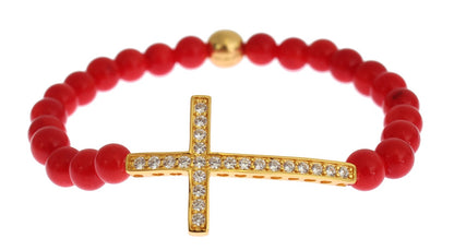 Bracciale Nialaya in corallo rosso, oro e zirconi cubici con croce in argento 925