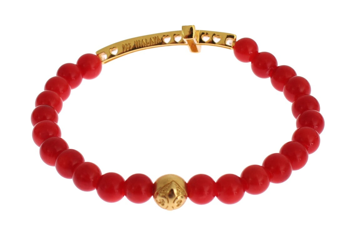 Bracciale Nialaya in corallo rosso, oro e zirconi cubici con croce in argento 925